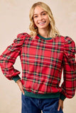 BiBi Christmas Plaid Exaggerated Shoulder Sleeves Top - Trendsi - Flyclothing LLC