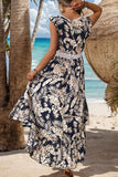 High-Low Printed V-Neck Cap Sleeve Midi Dress - Trendsi
