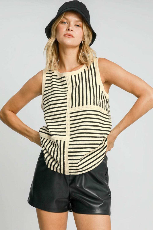 Umgee Round Neck Texture Striped Tank - Trendsi - Flyclothing LLC