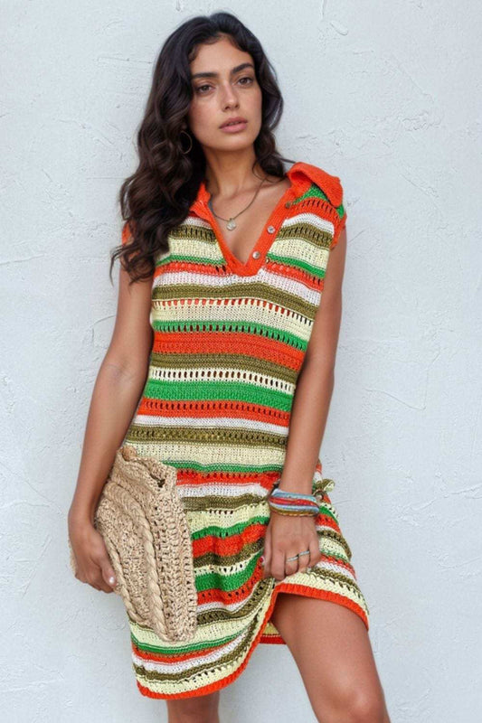 Openwork Stripe Sleeveless Sweater Dress - Trendsi - Flyclothing LLC