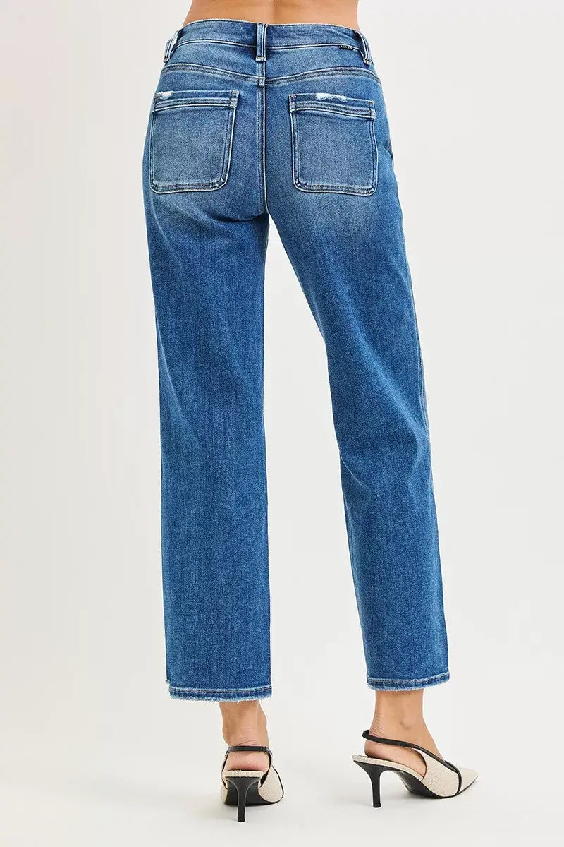 RISEN High Rise Ankle Straight Distressed Hem Detail Jeans - Trendsi - Flyclothing LLC