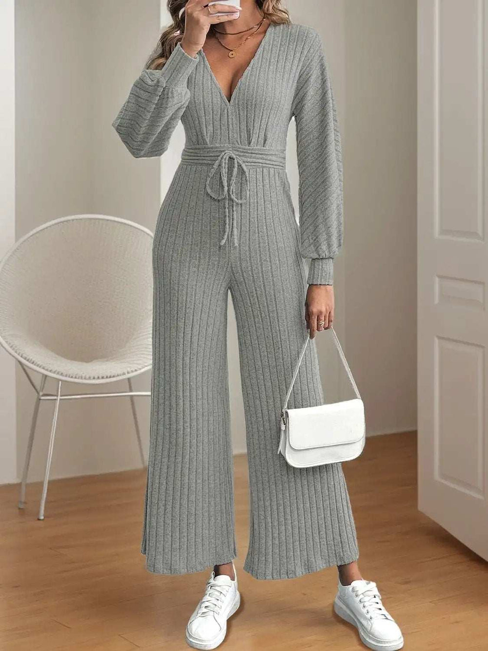 V-Neck Long Sleeve Wide Leg Jumpsuit - Trendsi - Flyclothing LLC