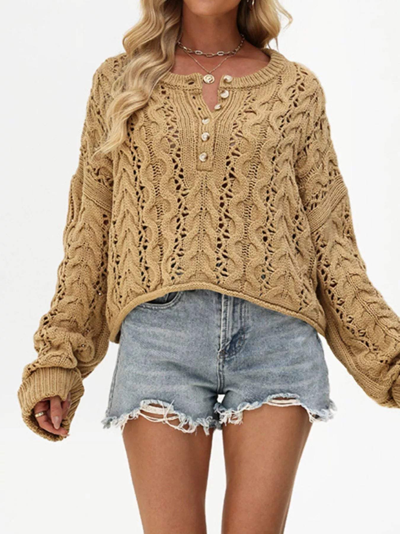Chic Cable Knit Half-Button Openwork Sweater - Trendsi - Flyclothing LLC