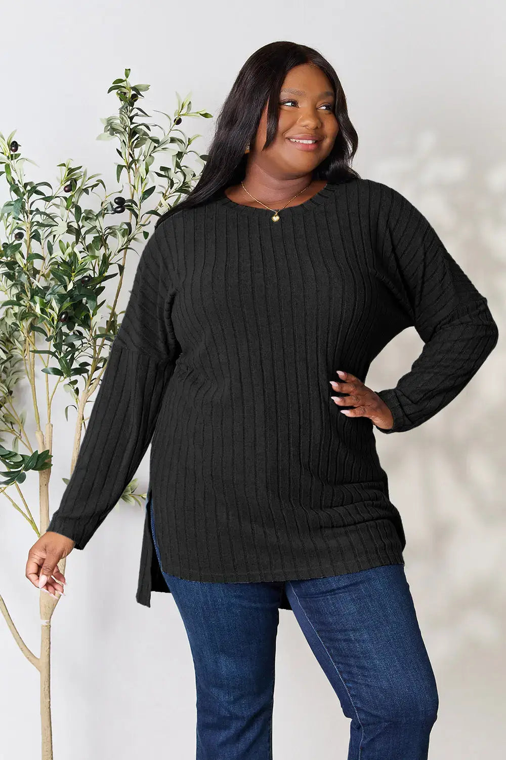 Basic Bae Full Size Ribbed Round Neck Long Sleeve Slit Top - ShopBasicbae - Flyclothing LLC