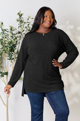 Basic Bae Full Size Ribbed Round Neck Long Sleeve Slit Top - ShopBasicbae - Flyclothing LLC