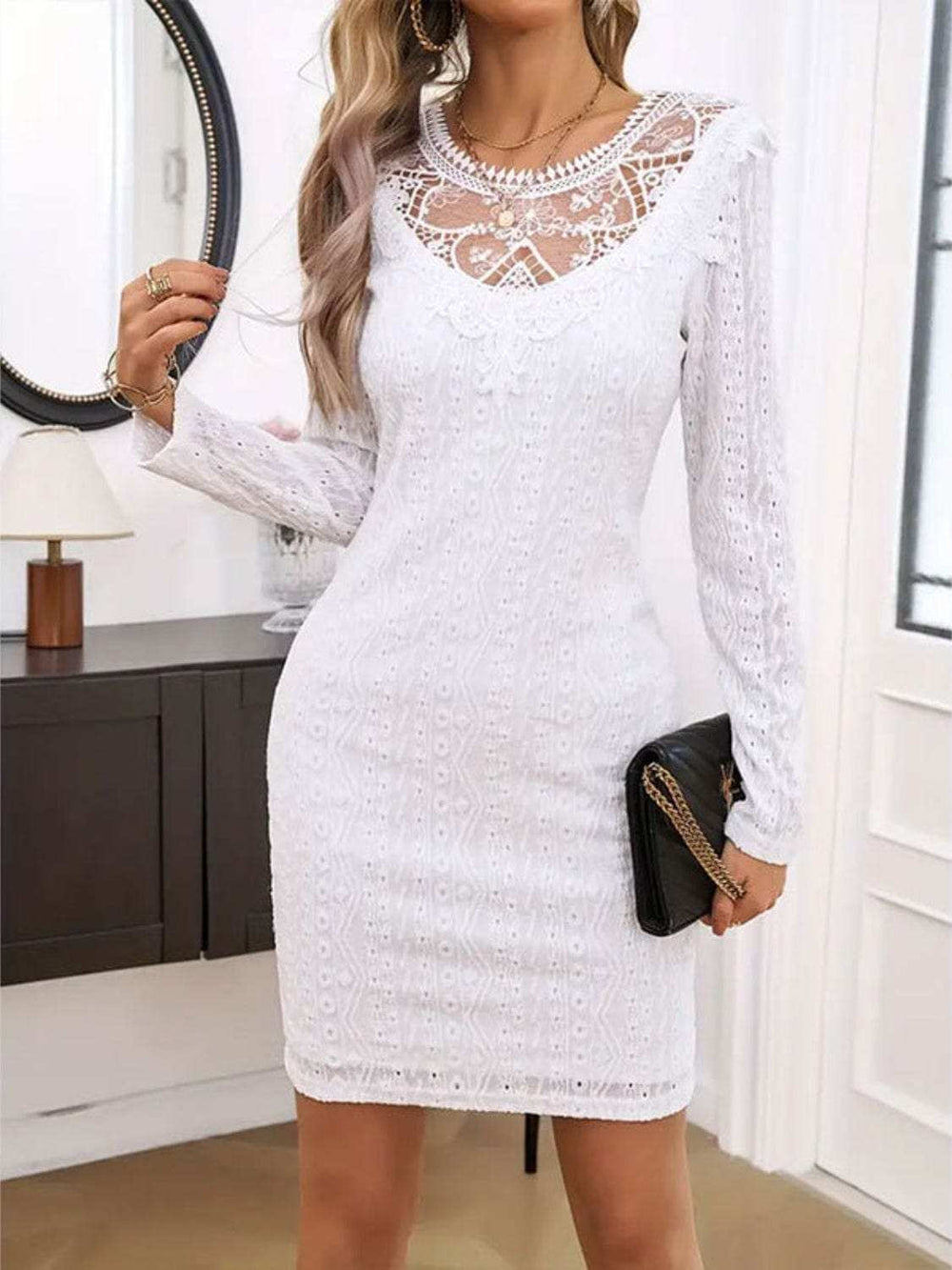 Lace Detail Round Neck Long Sleeve Mini Dress - Trendsi - Flyclothing LLC