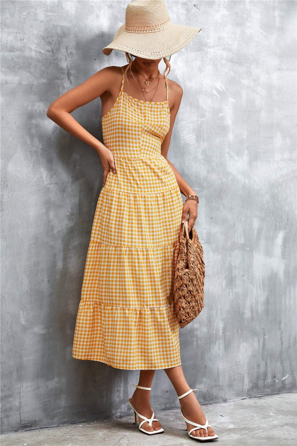 Plaid Square Neck Midi Cami Dress - Trendsi - Flyclothing LLC