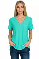 Zenana Slub Rolled Short Sleeve V-Neck Tee - Trendsi - Flyclothing LLC