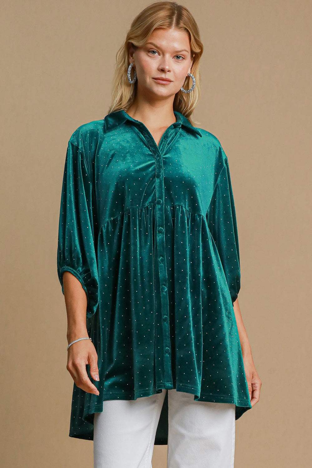 Umgee Full Size Polka Dot Collared Neck Button Up Shirt - Trendsi - Flyclothing LLC