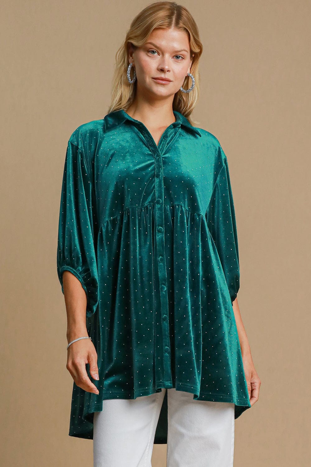 Umgee Full Size Polka Dot Collared Neck Button Up Shirt - Trendsi