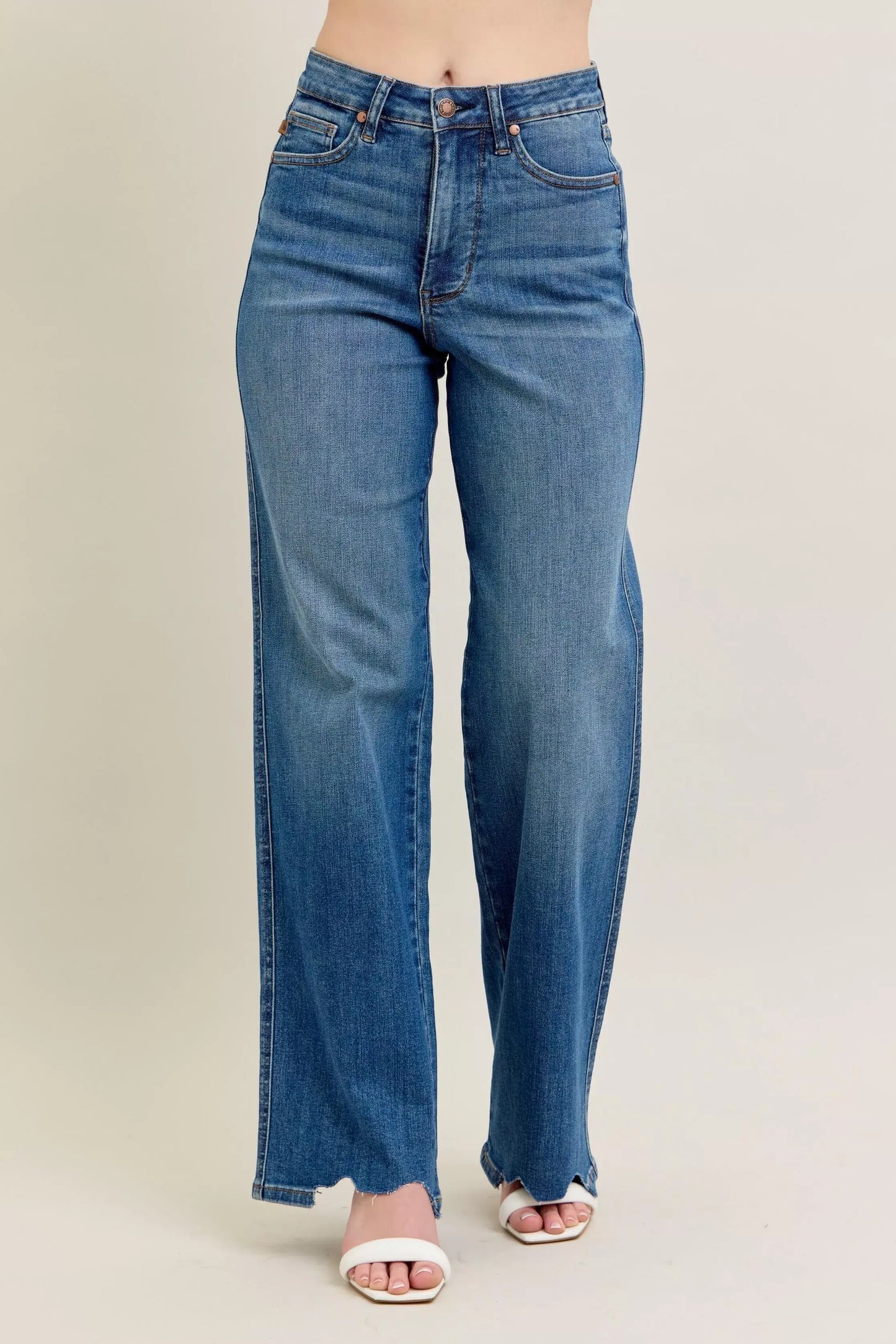 Judy Blue Full Size High Waist Tummy Control Chew Hem Destroy Wide Jeans Plus Size - Trendsi - Flyclothing LLC