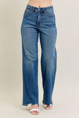 Judy Blue Full Size High Waist Tummy Control Chew Hem Destroy Wide Jeans Plus Size - Trendsi - Flyclothing LLC