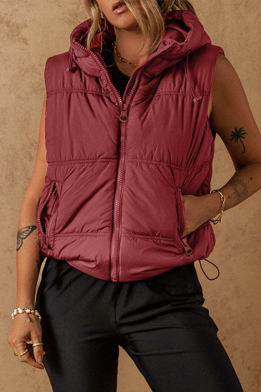 Drawstring Zip Up Hooded Vest Coat - Trendsi - Flyclothing LLC