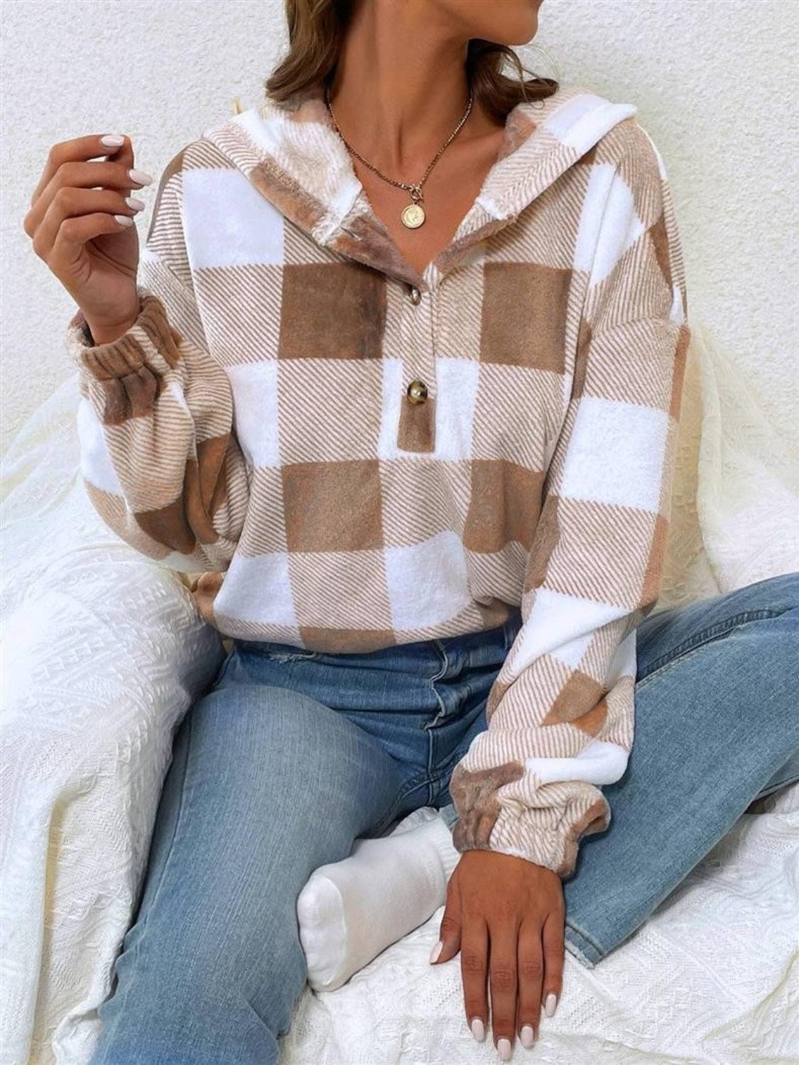 Plaid Half Button Long Sleeve Hoodie - Trendsi