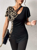 Ruched Leopard Flutter Sleeve T-Shirt - Trendsi - Flyclothing LLC