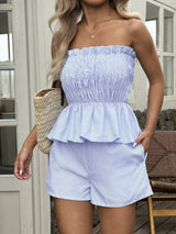 Striped Strapless Peplum Top and Shorts Two-Piece Set - Trendsi - Flyclothing LLC