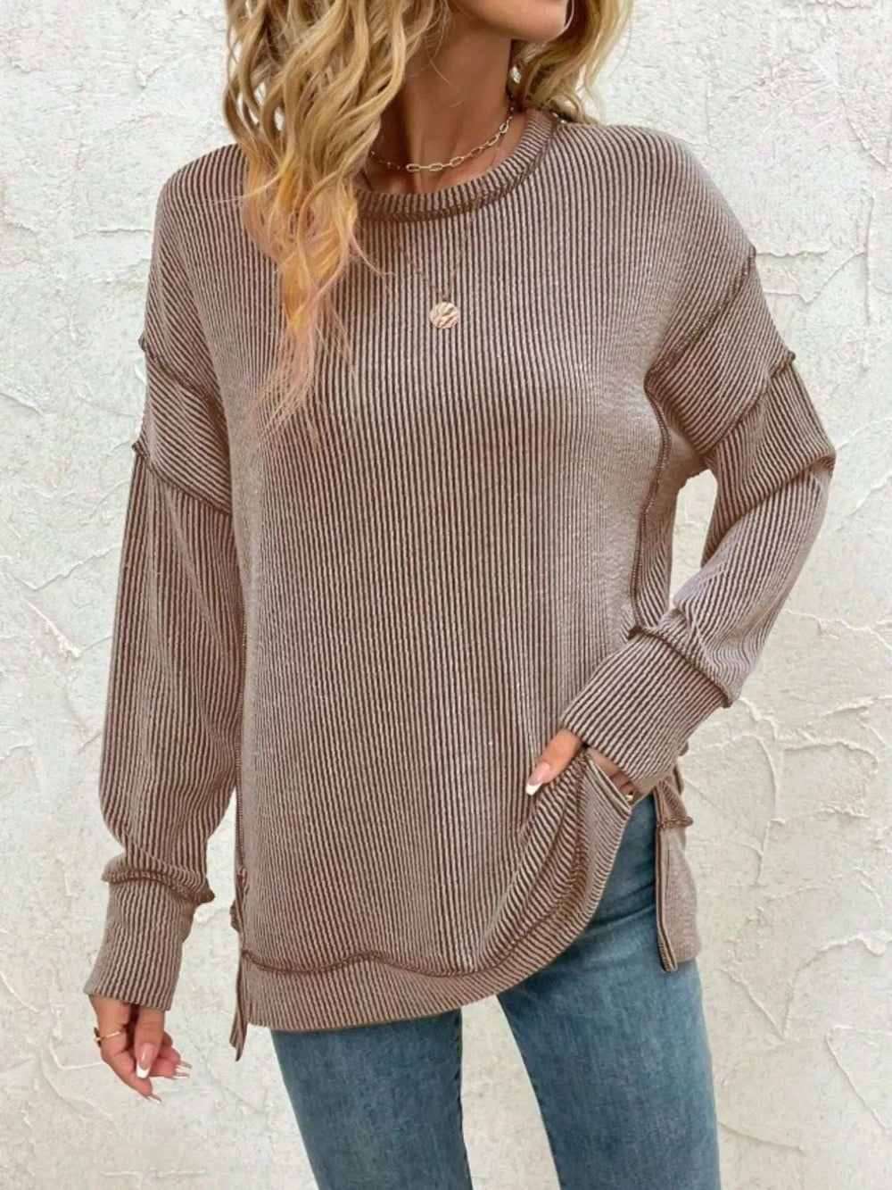 Side Slit Round Neck Dropped Shoulder Sweatshirt - Trendsi - Flyclothing LLC