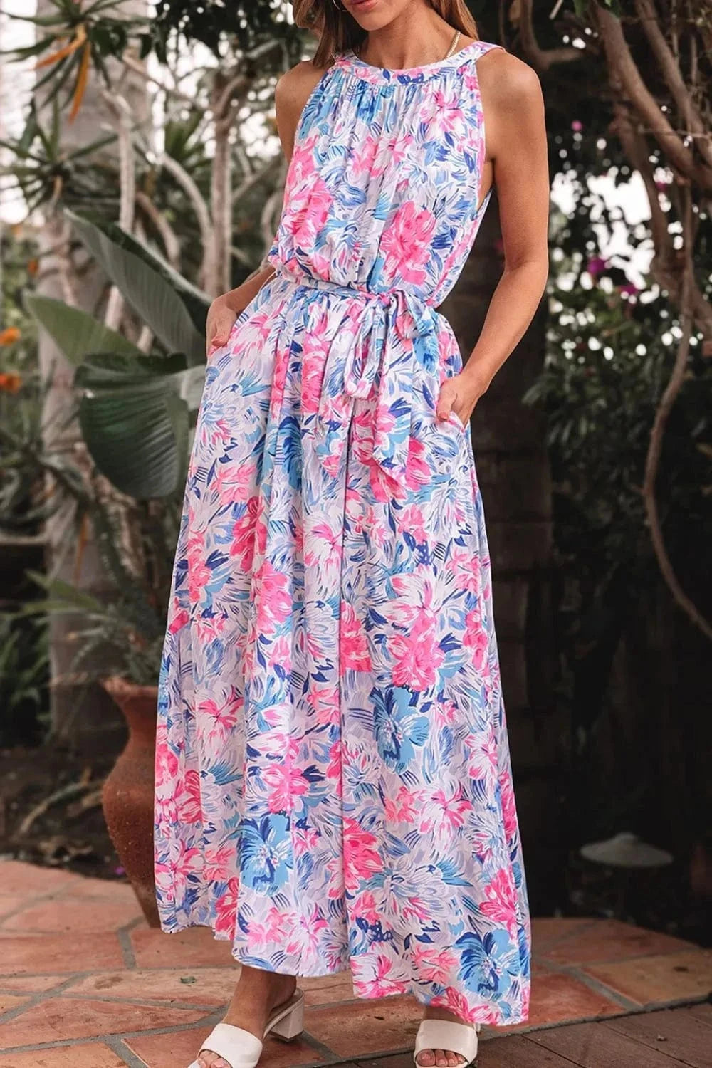 Floral Printed Sleeveless O Neck Knot Waist Dress - Trendsi