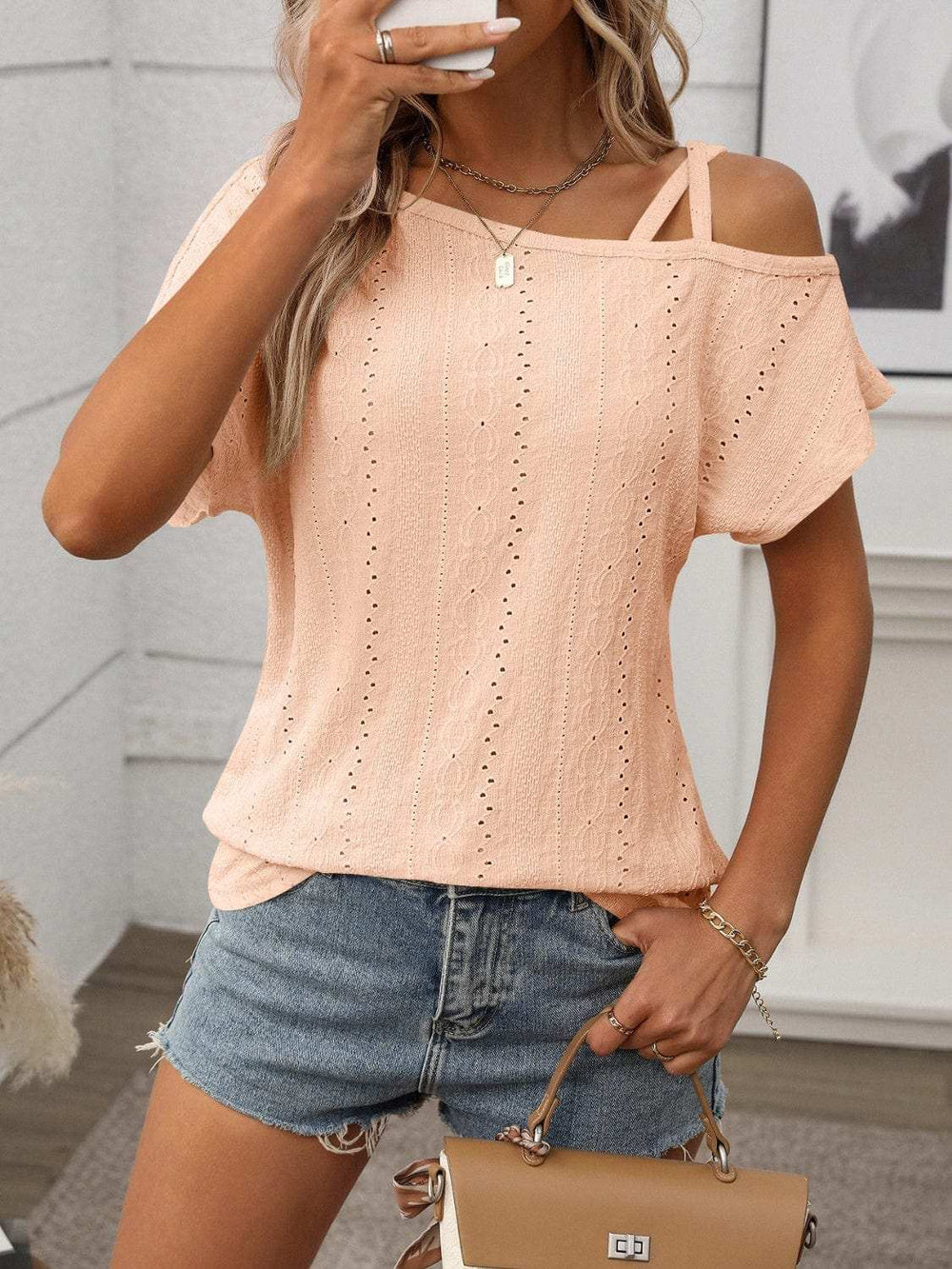 Eyelet Asymmetrical Shoulder Short Sleeve T-Shirt - Trendsi - Flyclothing LLC