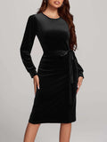 Round Neck Tie Waist Long Sleeve Velvet Dress - Trendsi - Flyclothing LLC
