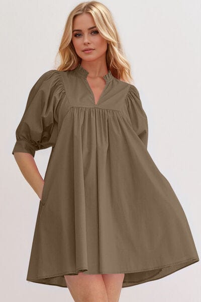 Oh Frill Notched Puff Sleeve Babydoll Mini Dress - Trendsi