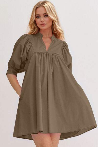 Oh Frill Notched Puff Sleeve Babydoll Mini Dress - Trendsi - Flyclothing LLC