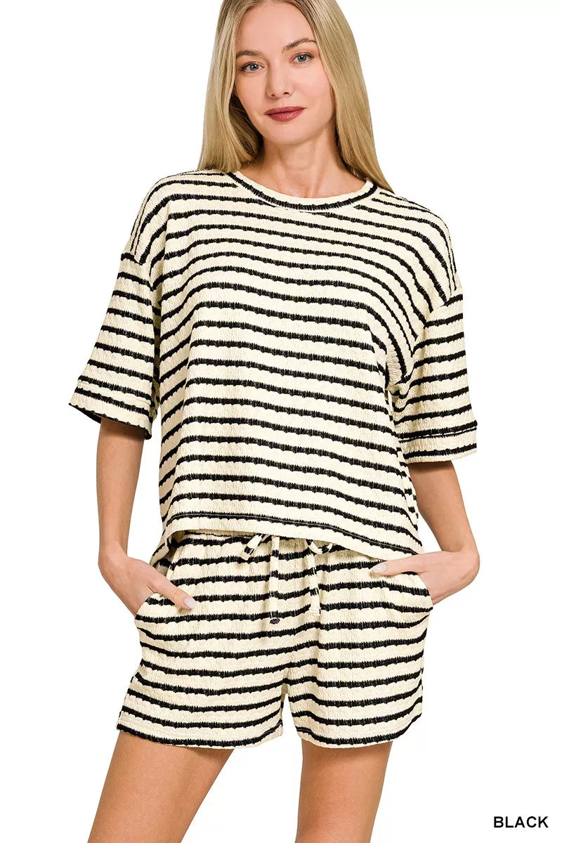 Zenana Striped Short Sleeve Tee & Shorts Set - Trendsi - Flyclothing LLC