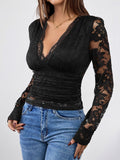 Perfee V-Neck Long Sleeve Lace Top - Trendsi