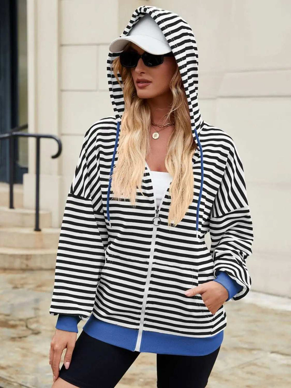 Drawstring Striped Zip Up Long Sleeve Hoodie - Trendsi - Flyclothing LLC