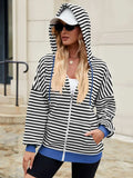 Drawstring Striped Zip Up Long Sleeve Hoodie - Trendsi - Flyclothing LLC
