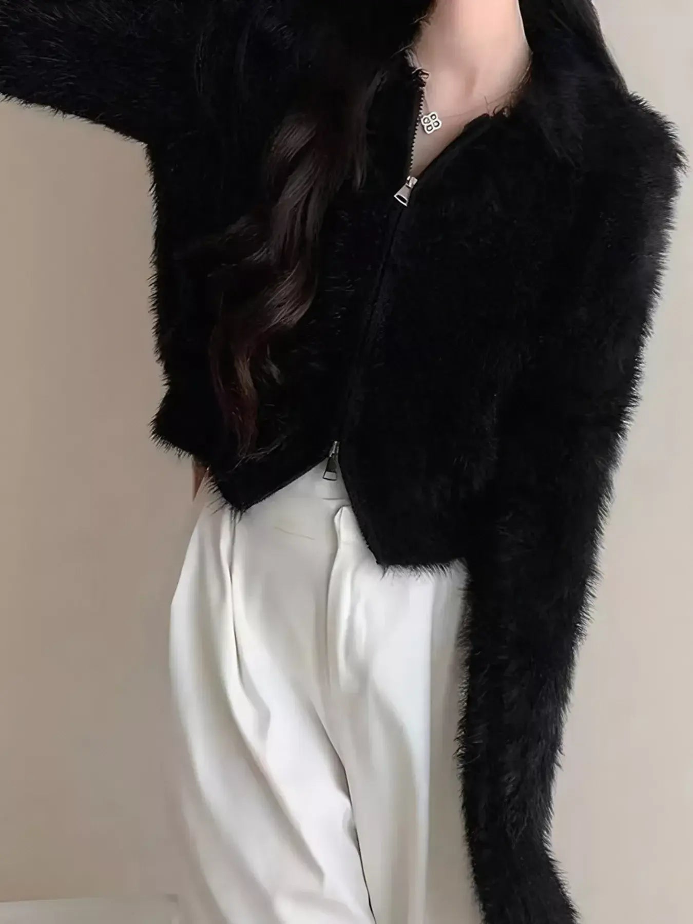 Fluffy Knit Zip-Up Outerwear - Trendsi - Flyclothing LLC