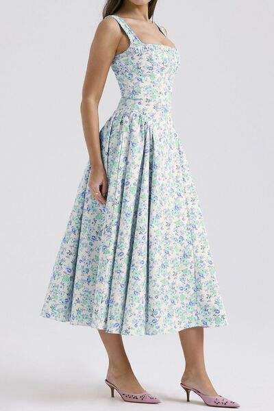 Floral Square Neck Wide Strap Midi Dress - Trendsi - Flyclothing LLC