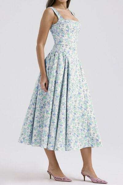 Floral Square Neck Wide Strap Midi Dress - Trendsi - Flyclothing LLC