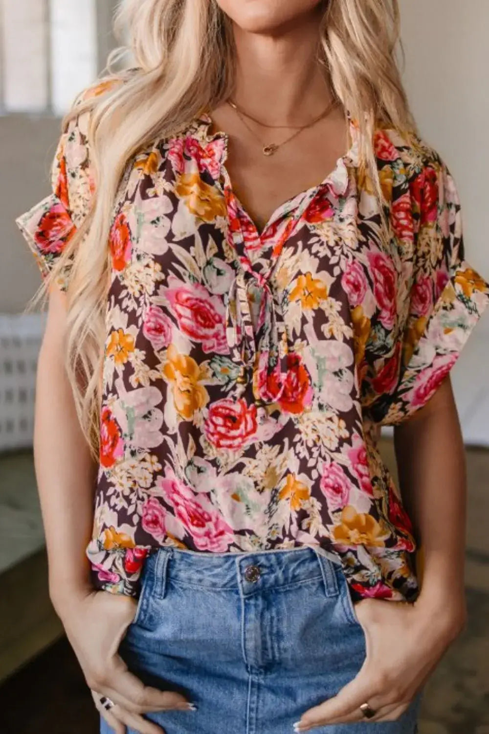 Floral Tie Neck Short Sleeve Blouse - Trendsi - Flyclothing LLC