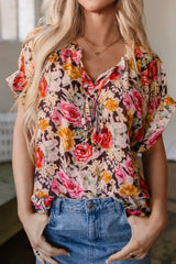 Floral Tie Neck Short Sleeve Blouse - Trendsi - Flyclothing LLC
