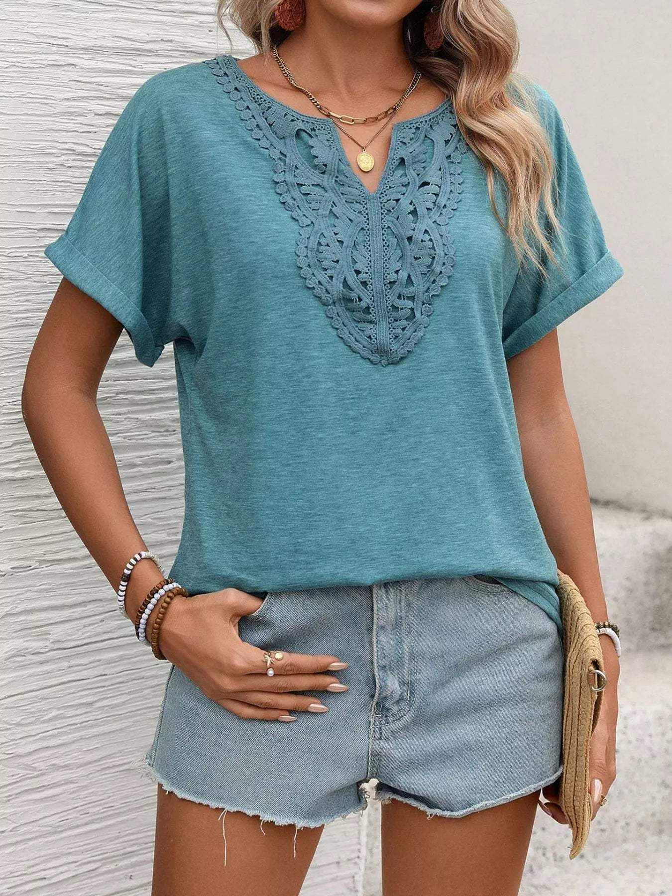 Lace Trim Short Sleeve T-Shirt - Trendsi - Flyclothing LLC