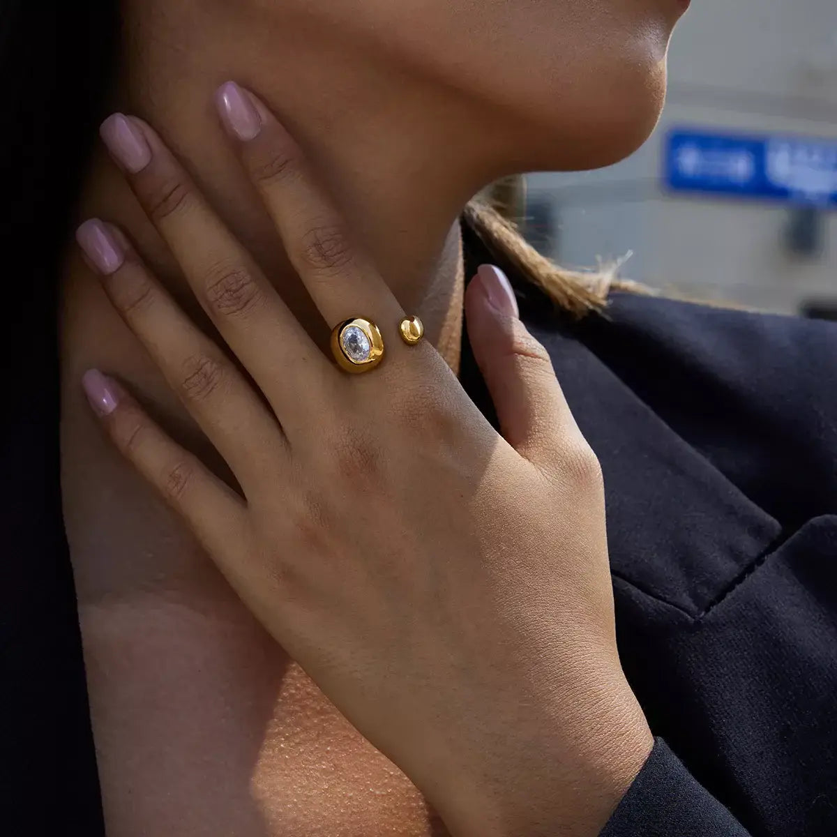 18K Gold-Plated Rhinestone Open Ring - Trendsi - Flyclothing LLC