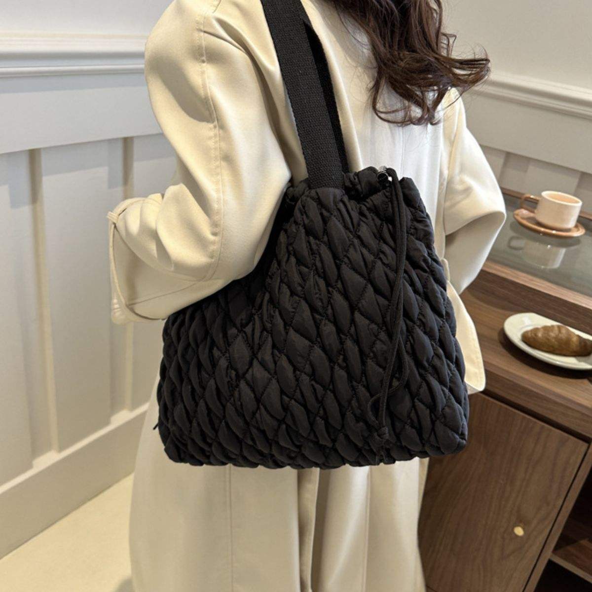 Drawstring Bubble Texture Tote Bag - Trendsi - Flyclothing LLC