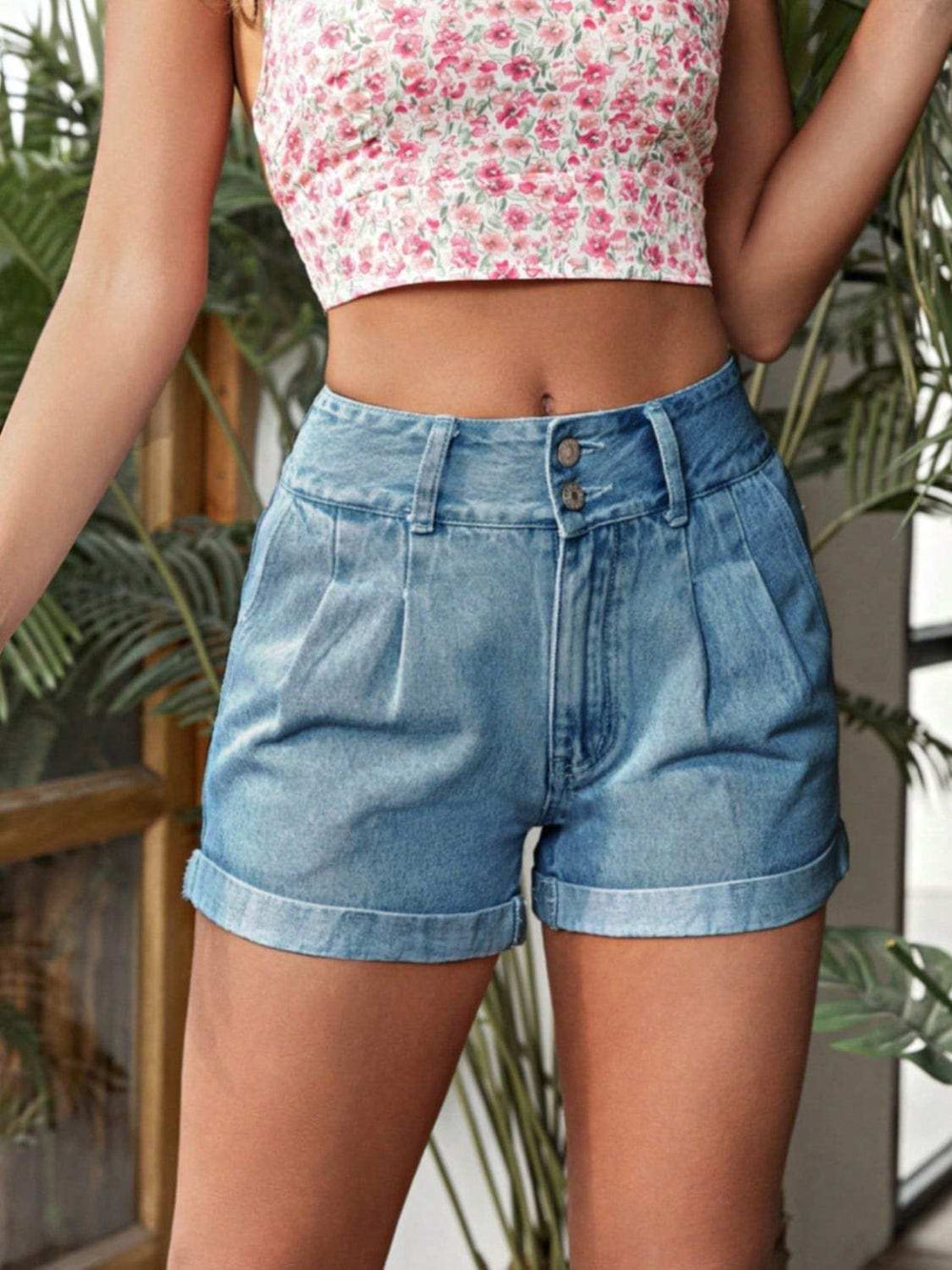 Pleated Detail High Rise Denim Shorts - Trendsi - Flyclothing LLC