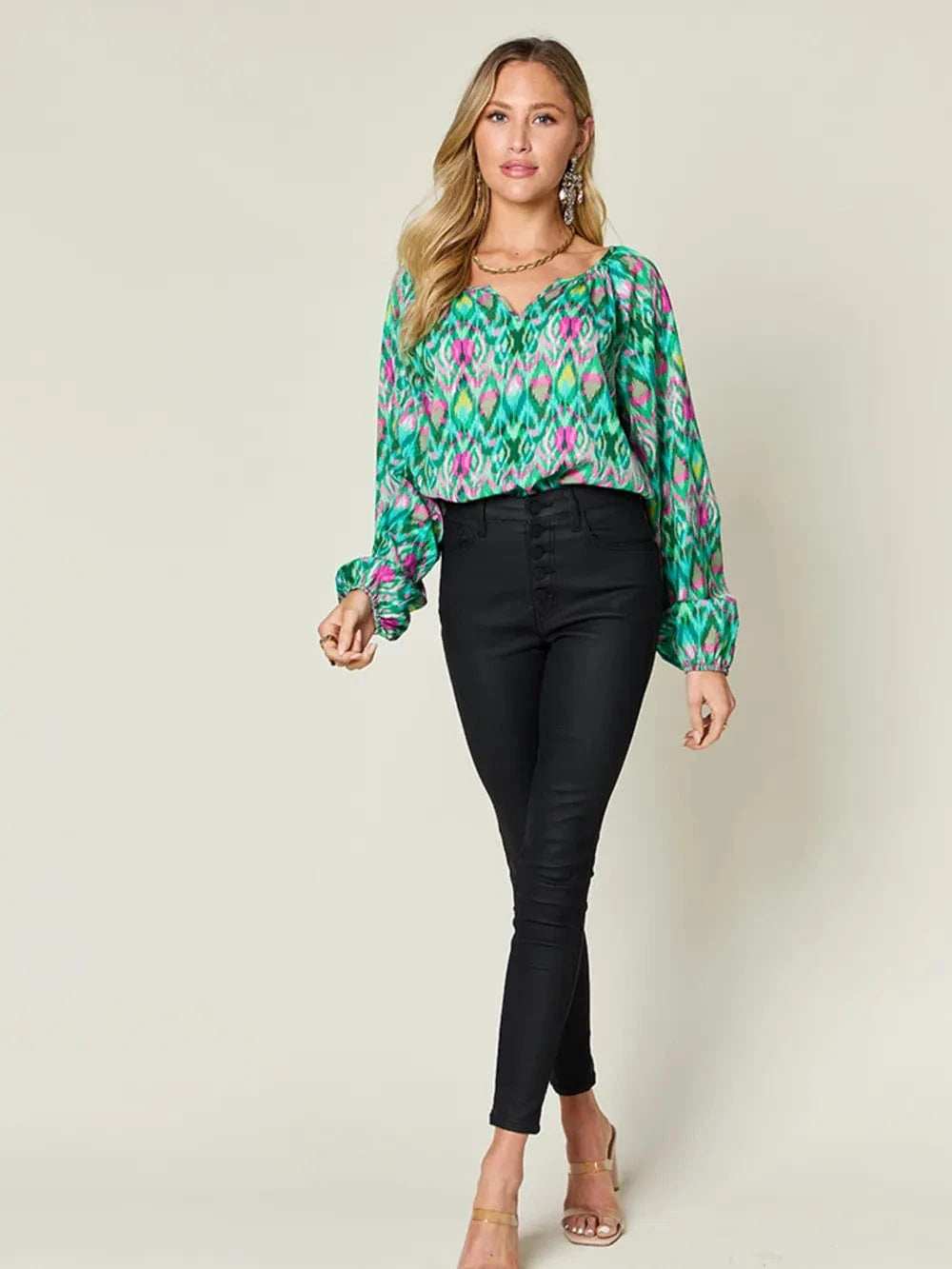Double Take Full Size Printed Balloon Sleeve Blouse - Trendsi - Flyclothing LLC