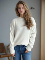 Round Neck Drop Shoulder Long Sleeve Sweater - Trendsi - Flyclothing LLC