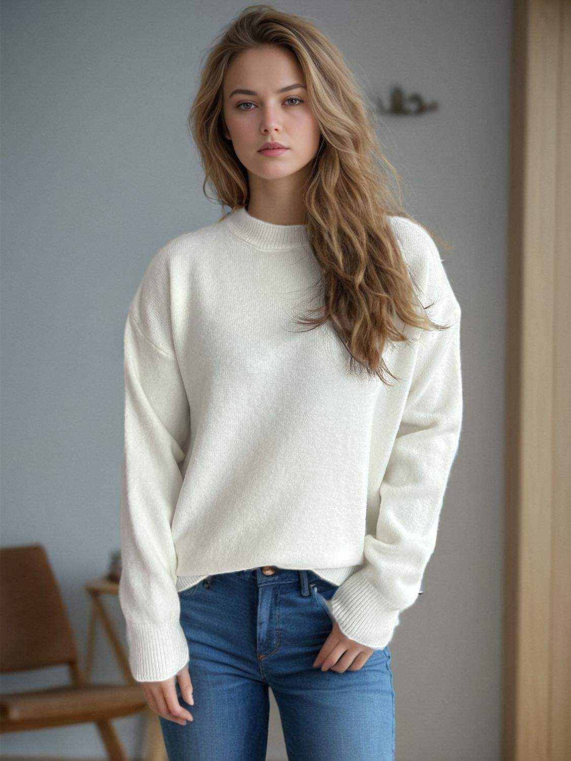 Round Neck Drop Shoulder Long Sleeve Sweater - Trendsi - Flyclothing LLC