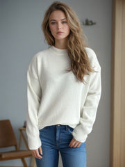 Round Neck Drop Shoulder Long Sleeve Sweater - Trendsi