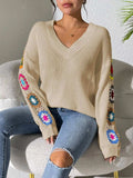 Crochet Flower V-Neck Sweater - Trendsi - Flyclothing LLC
