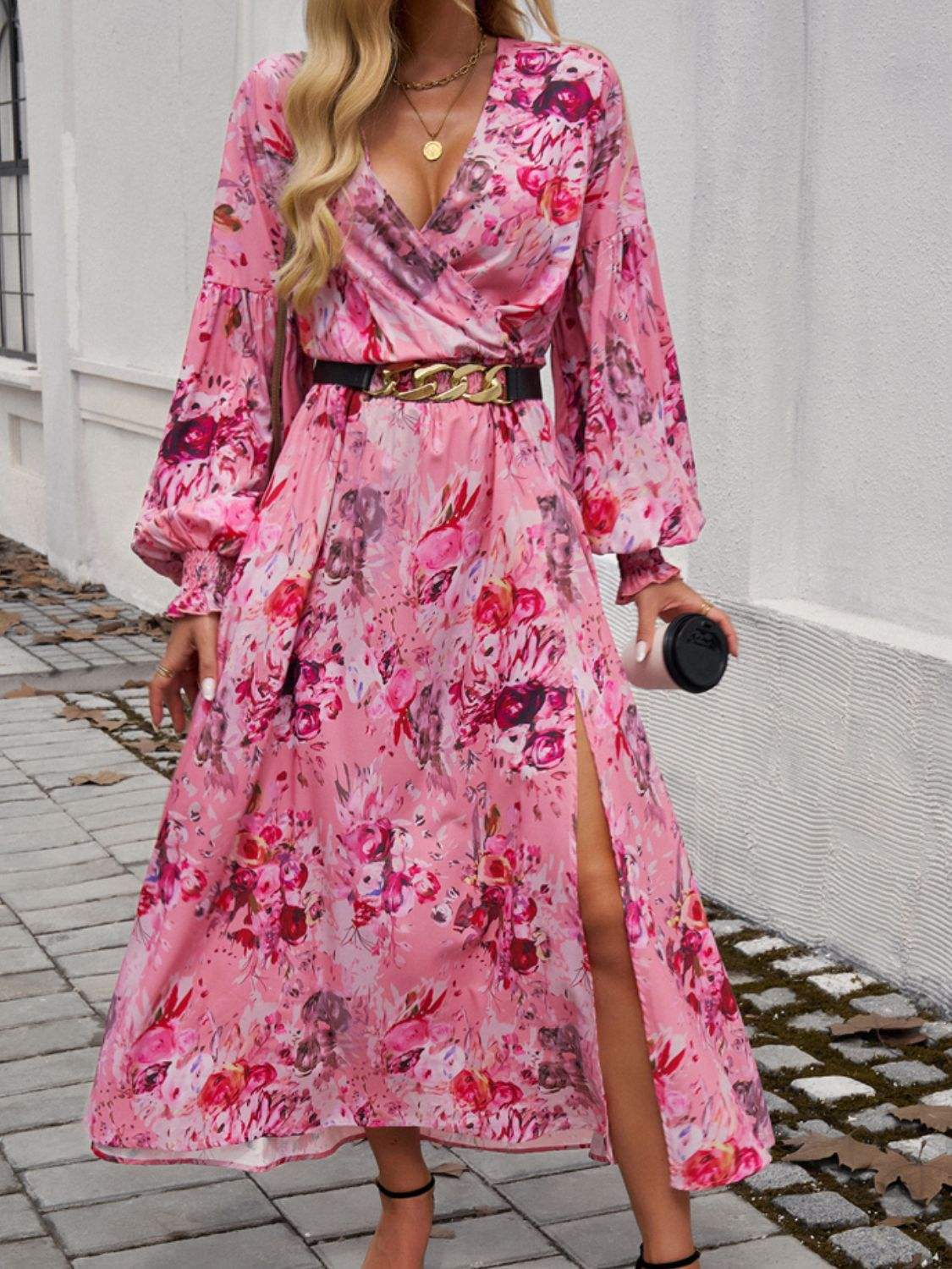 Split Printed Surplice Long Sleeve Midi Dress - Trendsi - Flyclothing LLC