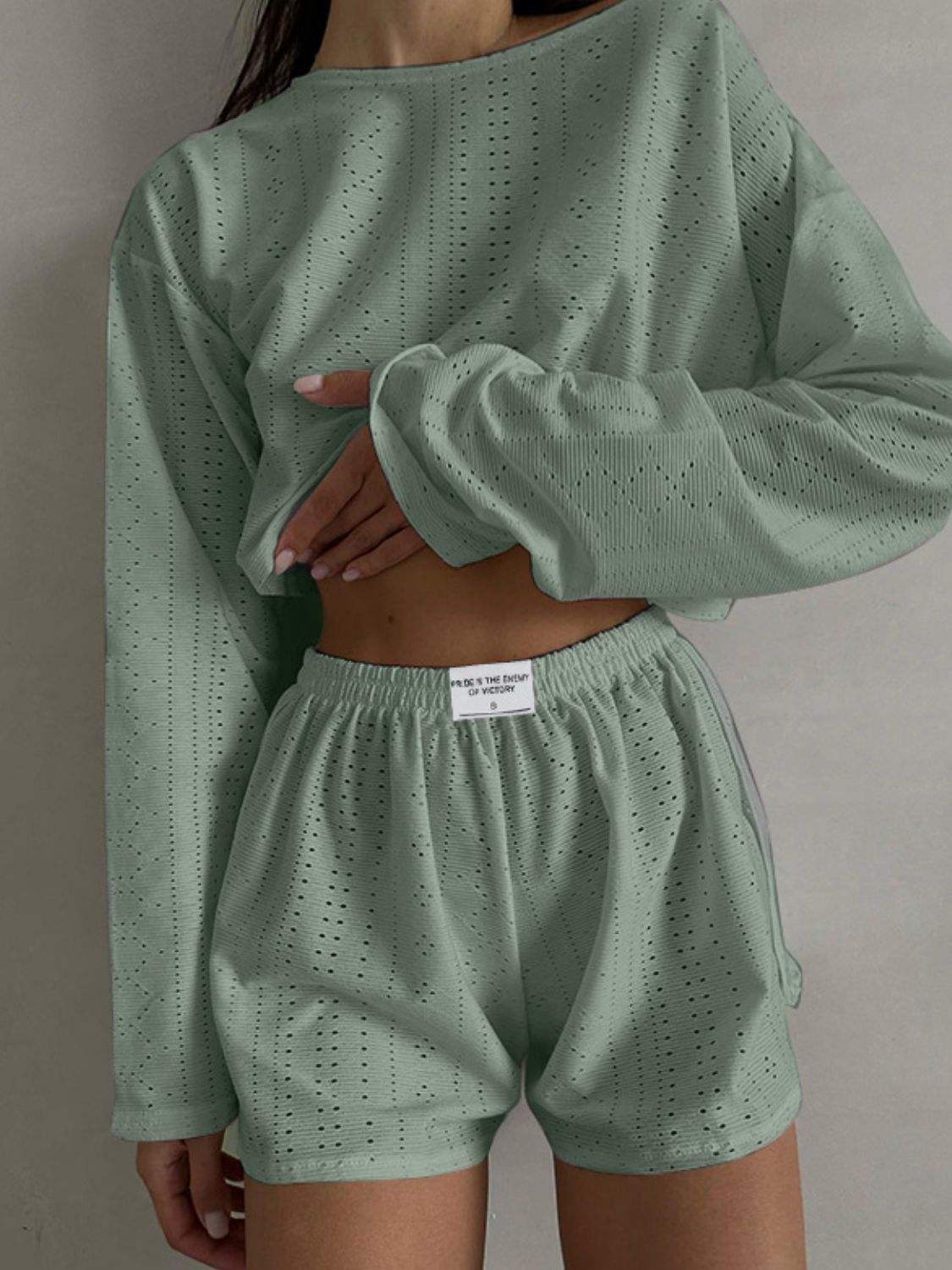 Eyelet Round Neck Top and Shorts Set - Trendsi - Flyclothing LLC