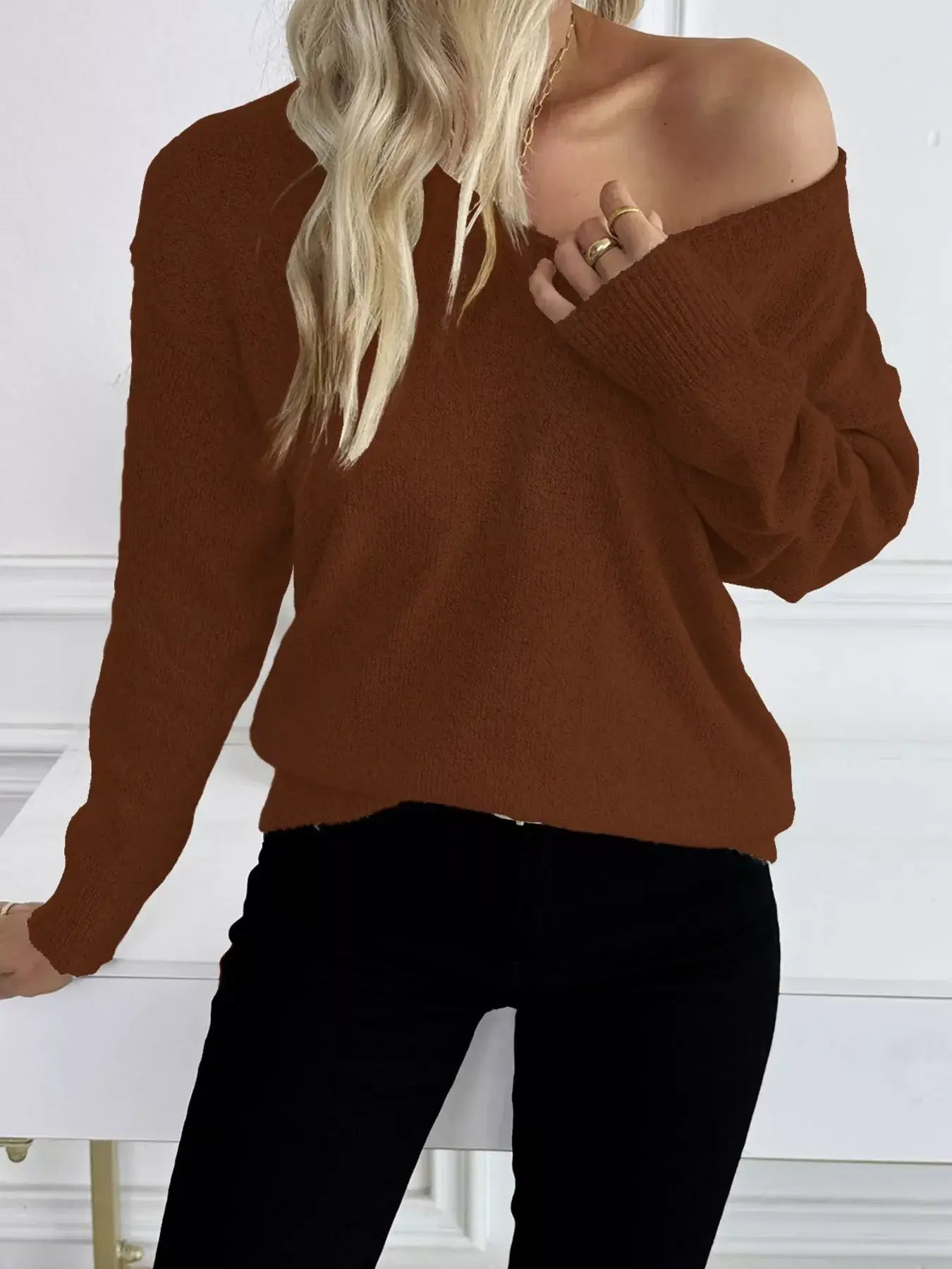 Casual V-Neck Drop Shoulder Sweater - Trendsi - Flyclothing LLC