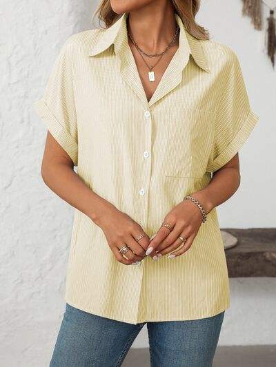 Mandy Pocketed Striped Collared Neck Short Sleeve Shirt - Trendsi - Flyclothing LLC