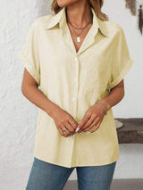 Mandy Pocketed Striped Collared Neck Short Sleeve Shirt - Trendsi - Flyclothing LLC
