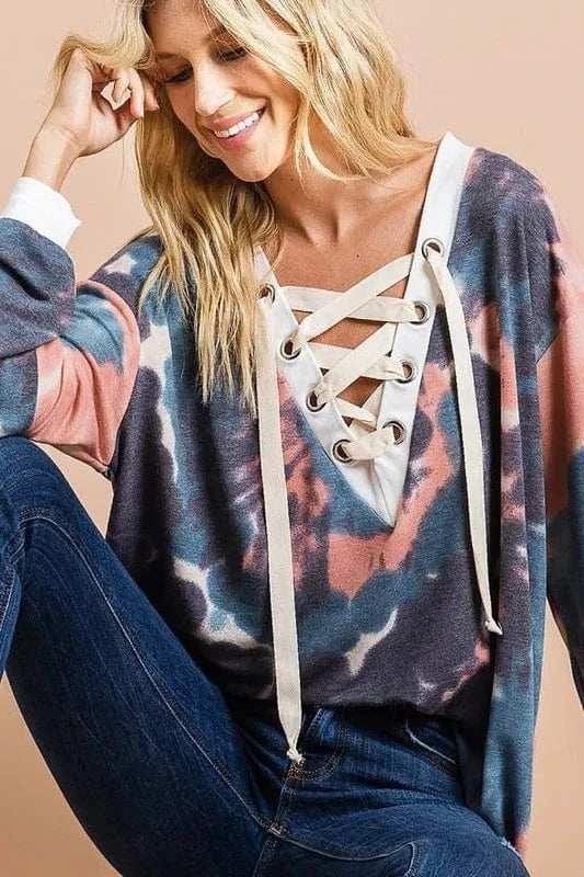 BiBi Tie Dye Deep V-Neck Top with Lace Up Front - Trendsi - Flyclothing LLC